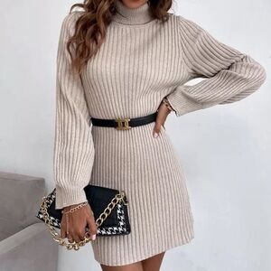 Frenchy Elegant Beige Ribbed Knit Dress
